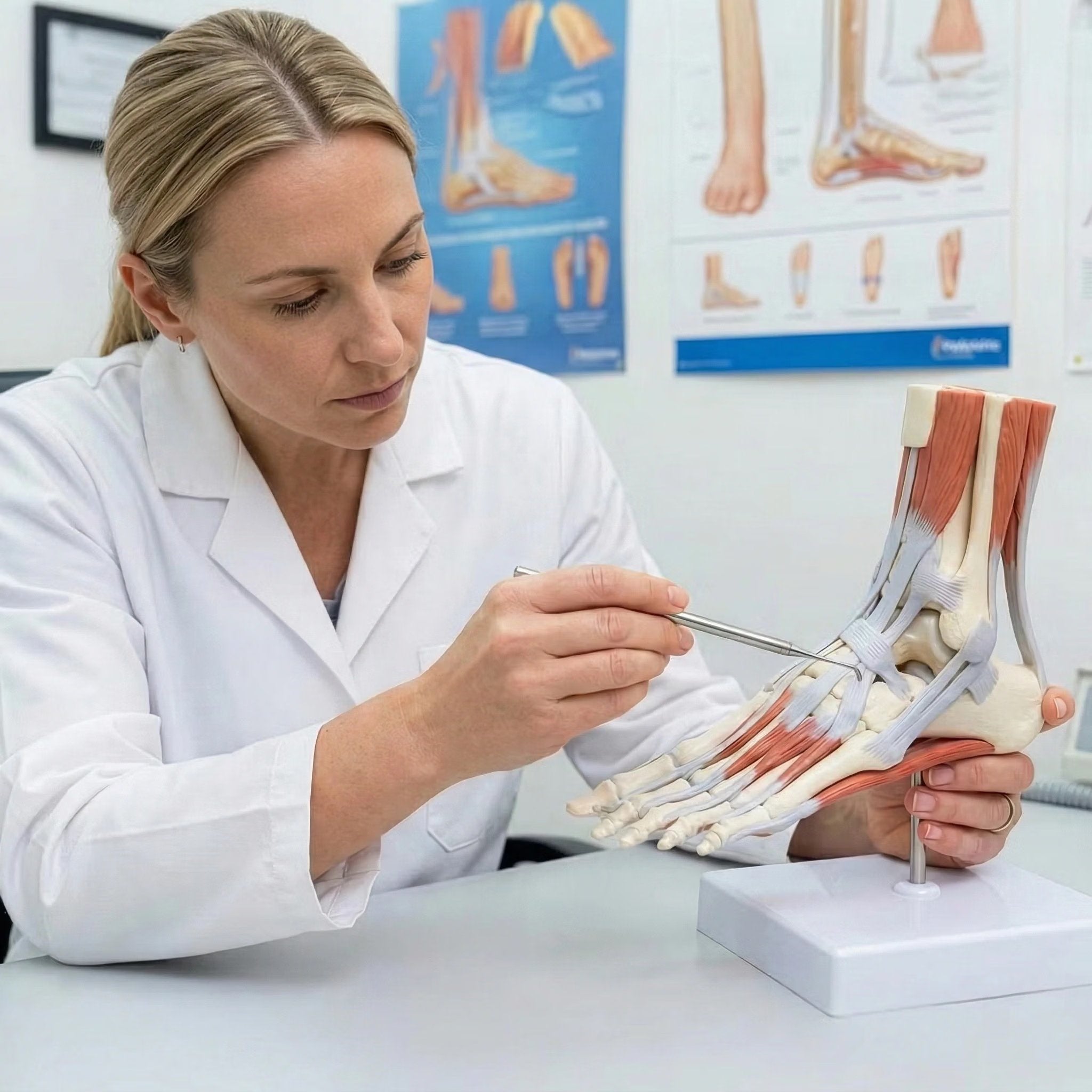 Podiatrist examining a foot anatomy model